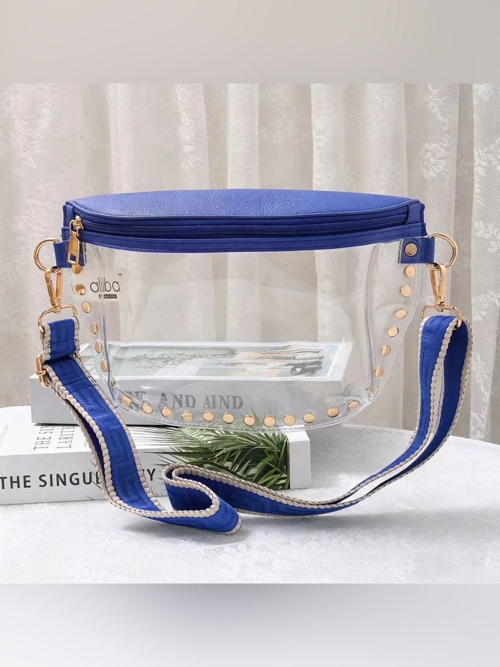 Alba Clear Crossbody Bag with Royal Blue Trim and Gold Studs